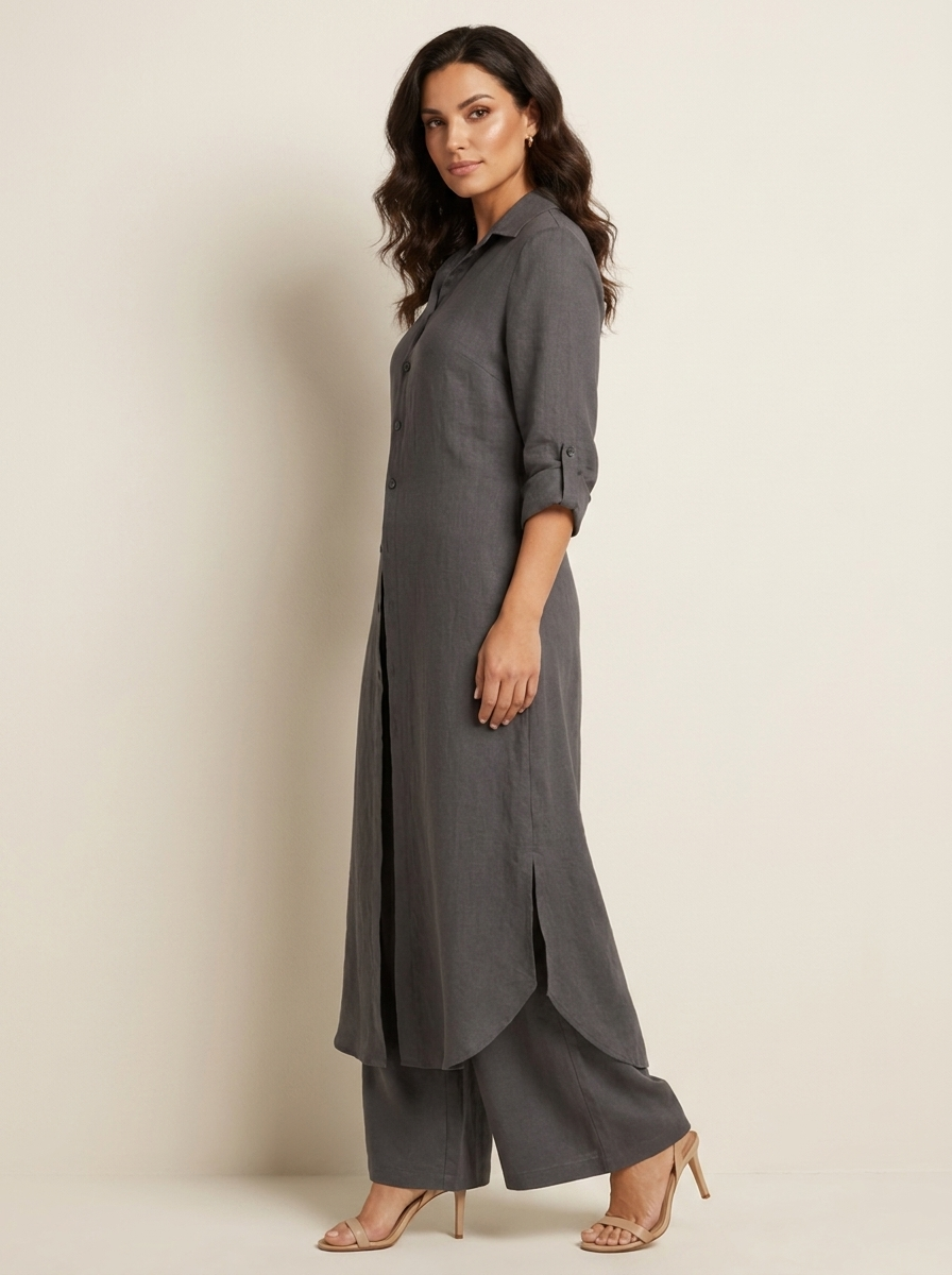 Women's Longline Shirt and Wide Leg Trousers Set - 5