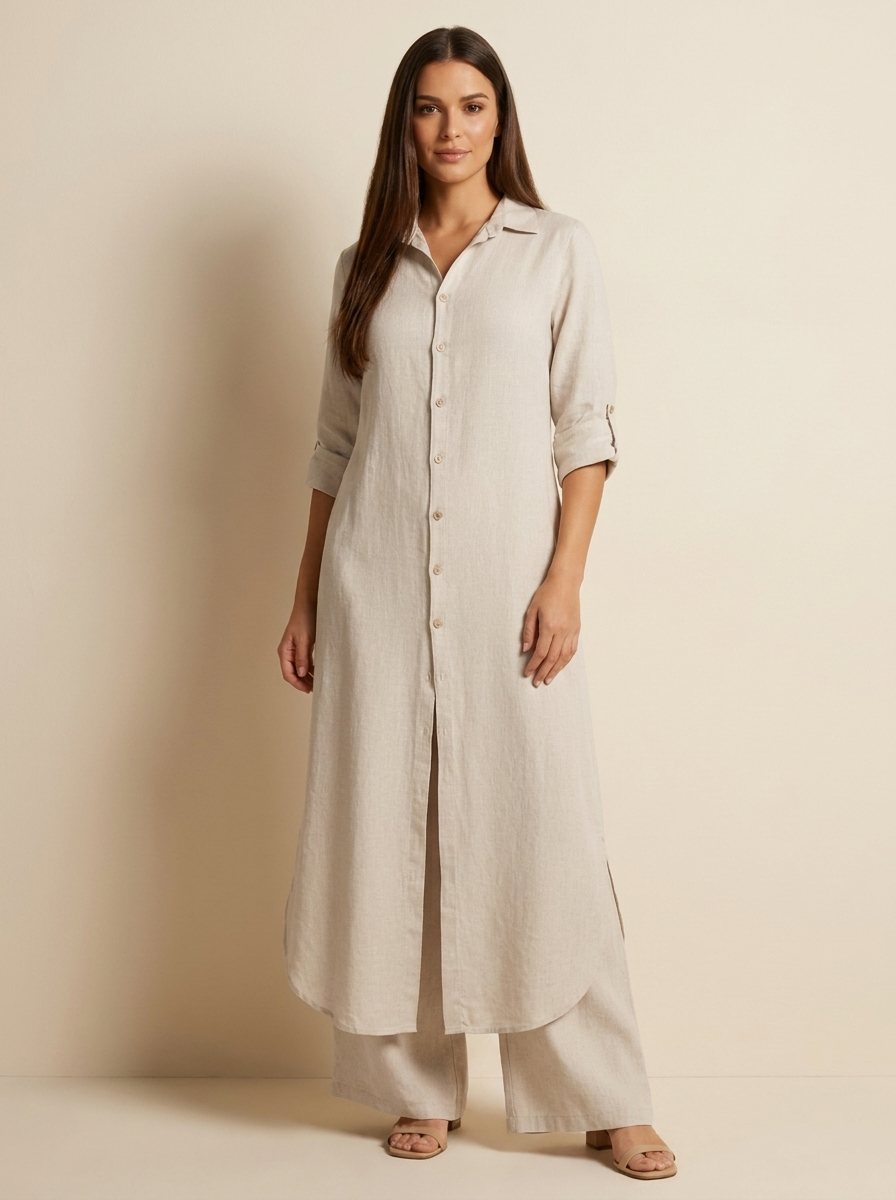 Women's Longline Shirt and Wide Leg Trousers Set - Khaki