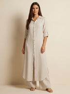 Women's Longline Shirt and Wide Leg Trousers Set - Khaki