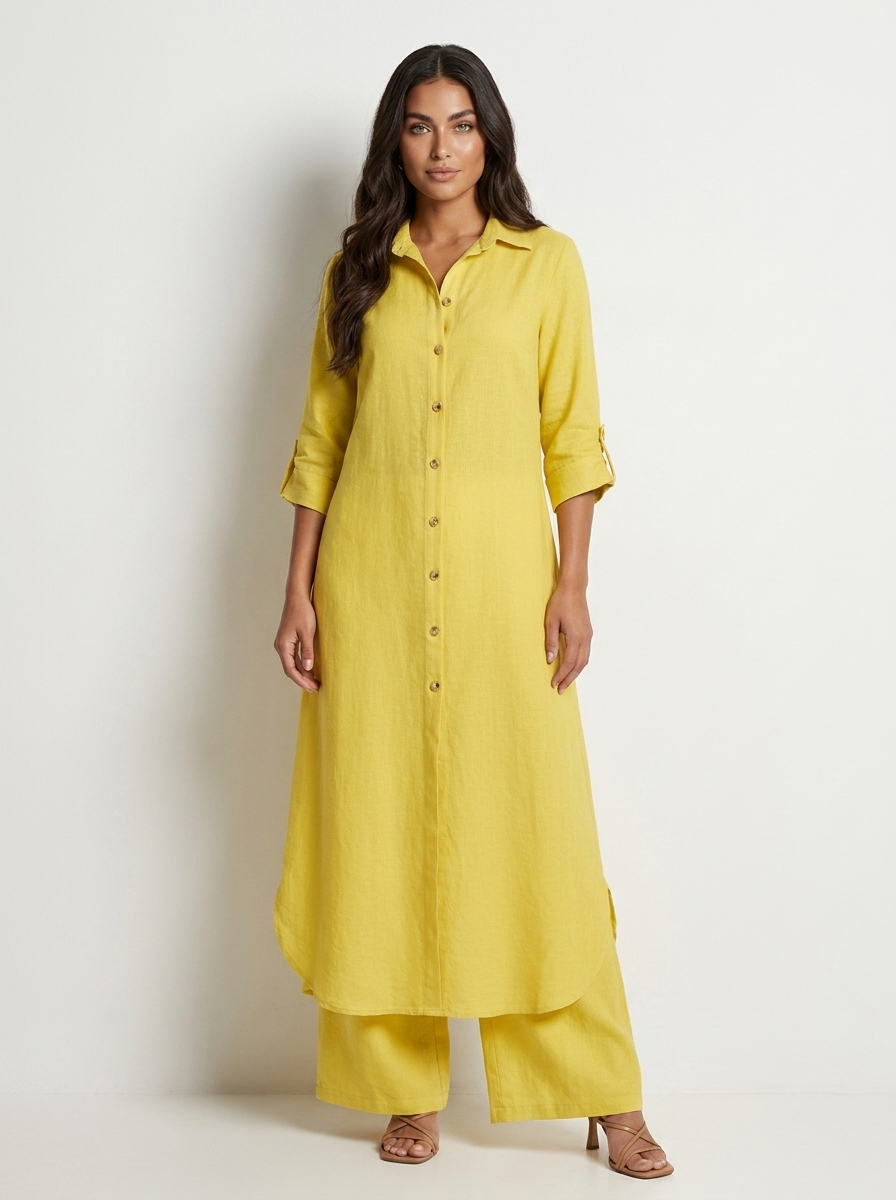 Women's Longline Shirt and Wide Leg Trousers Set - Yellow