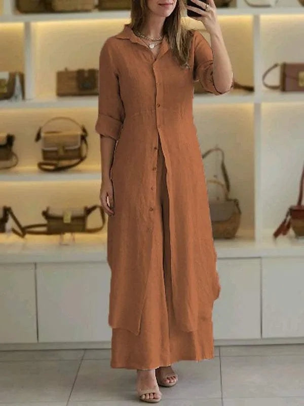 Women's Longline Shirt and Wide Leg Trousers Set - 11