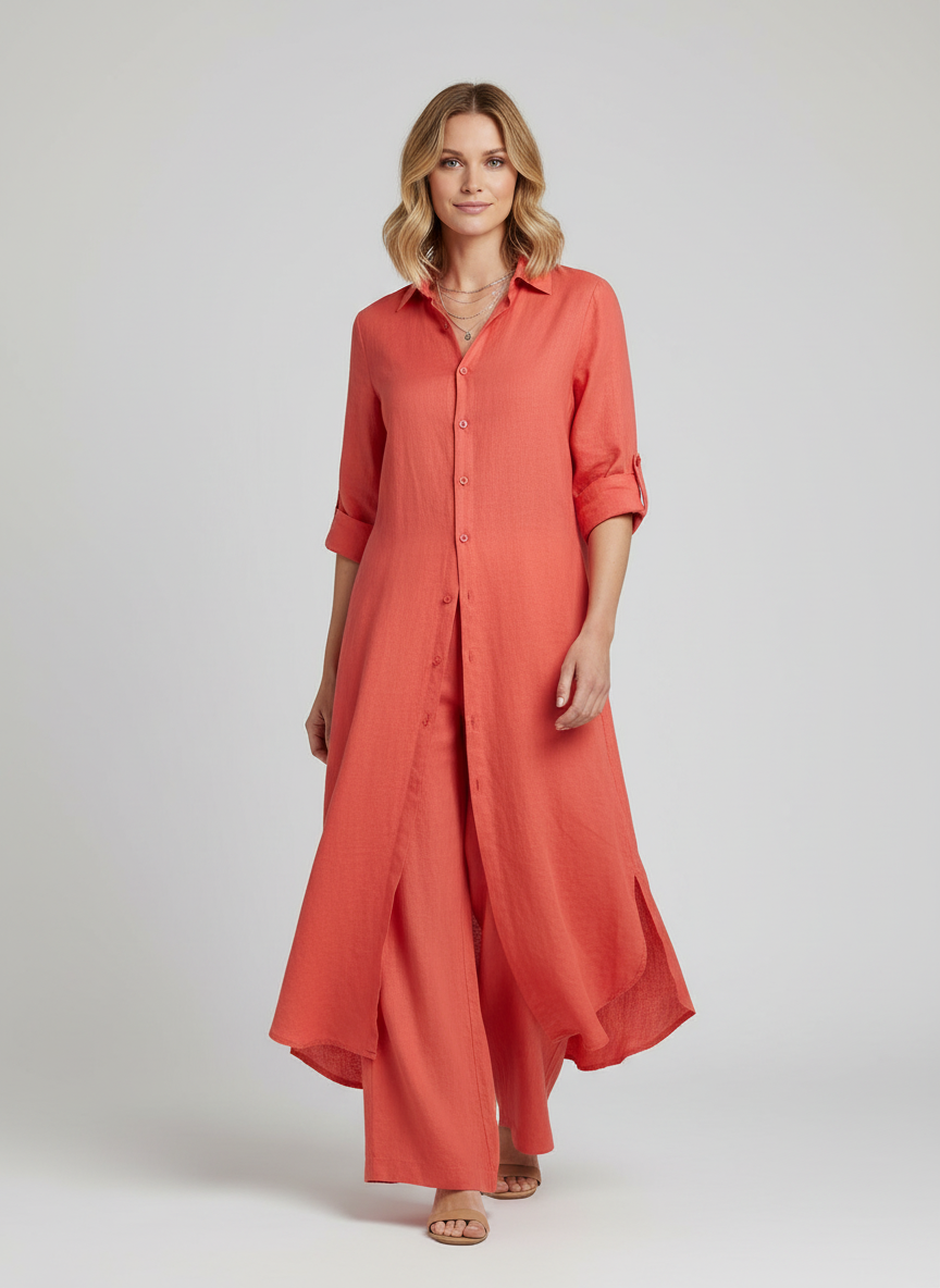 Women's Longline Shirt and Wide Leg Trousers Set - 17