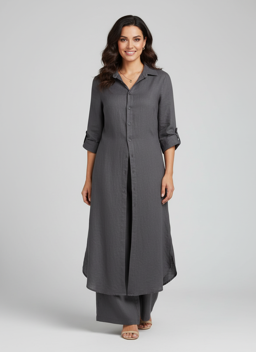 Women's Longline Shirt and Wide Leg Trousers Set - 14