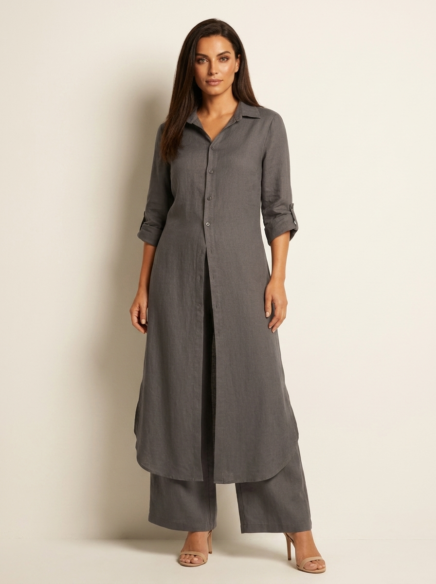 Women's Longline Shirt and Wide Leg Trousers Set - Dark Grey