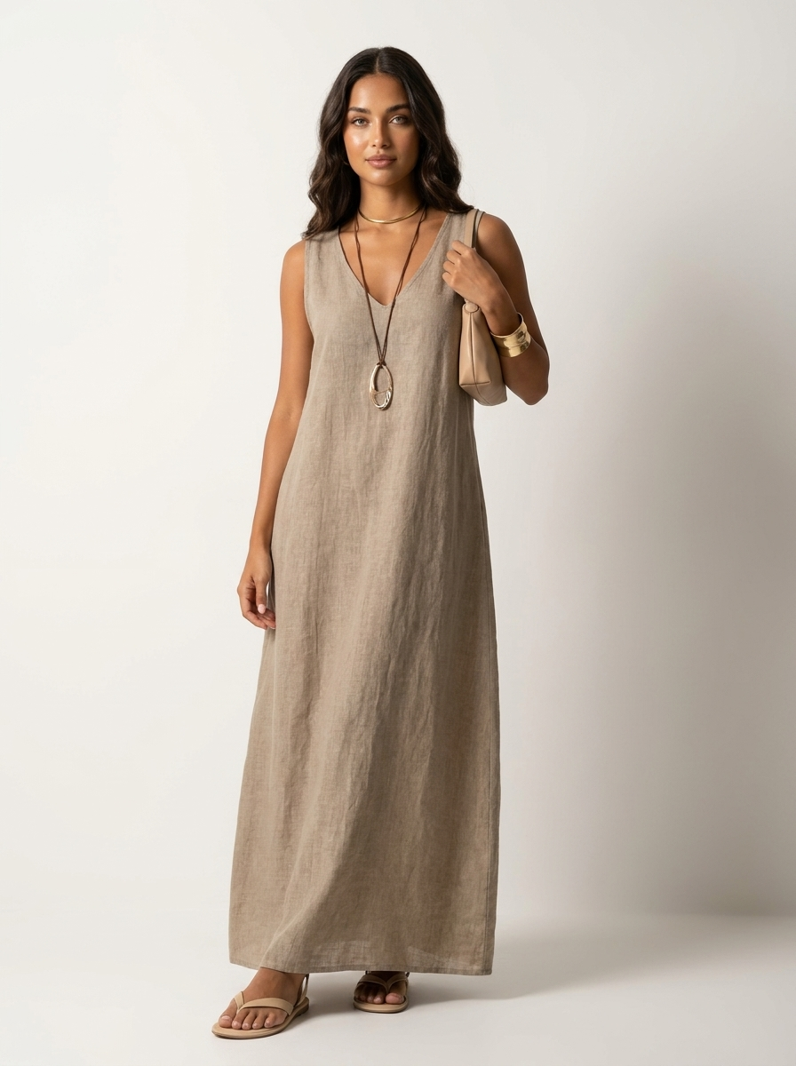 Women's Maxi Dress Sleeveless with V-Neck and Flared Silhouette - Khaki