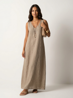 Women's Maxi Dress Sleeveless with V-Neck and Flared Silhouette - Khaki