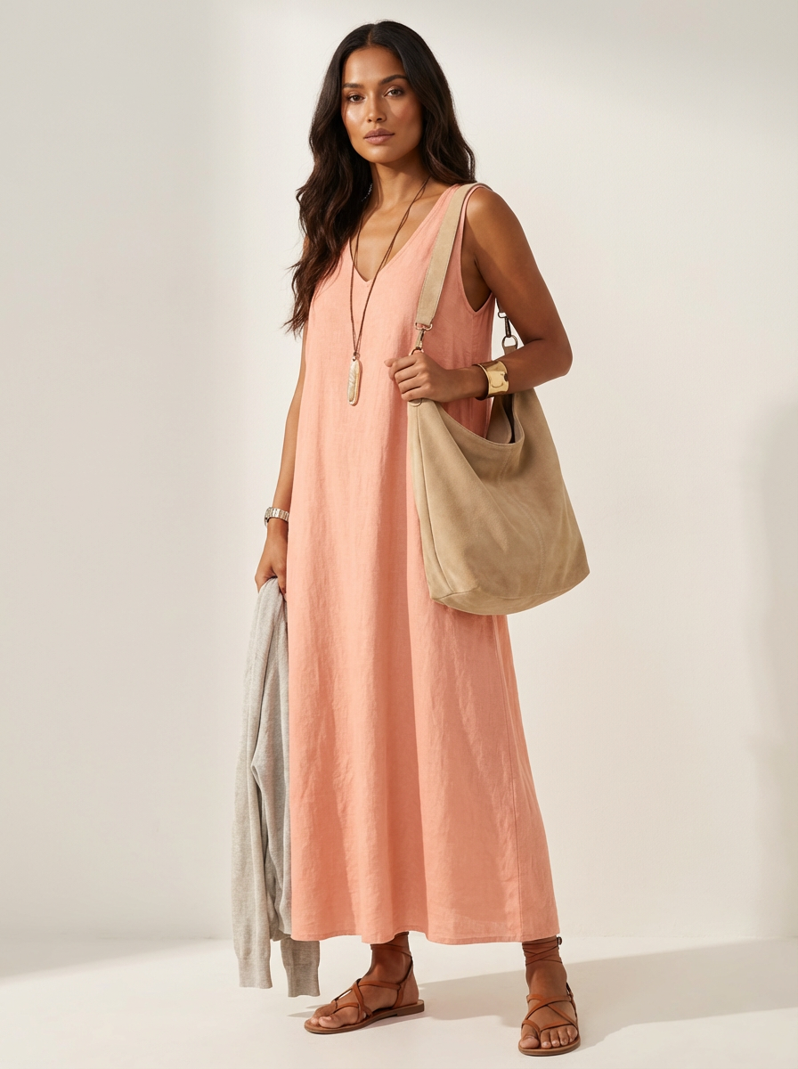 Women's Maxi Dress Sleeveless with V-Neck and Flared Silhouette - Pink