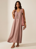 Women's Maxi Dress Sleeveless with V-Neck and Flared Silhouette - Lotus Pink
