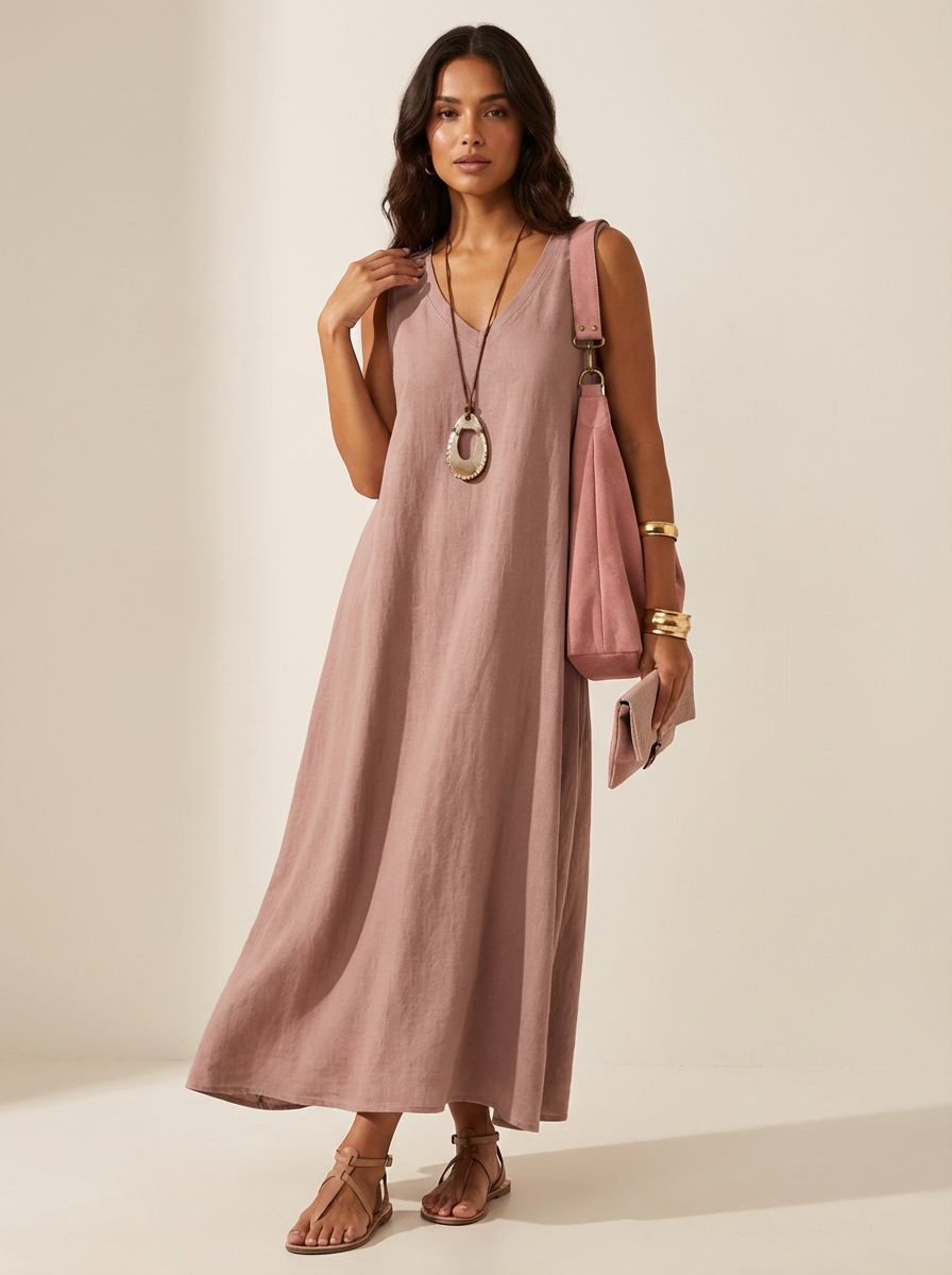 Women's Maxi Dress Sleeveless with V-Neck and Flared Silhouette - Lotus Pink