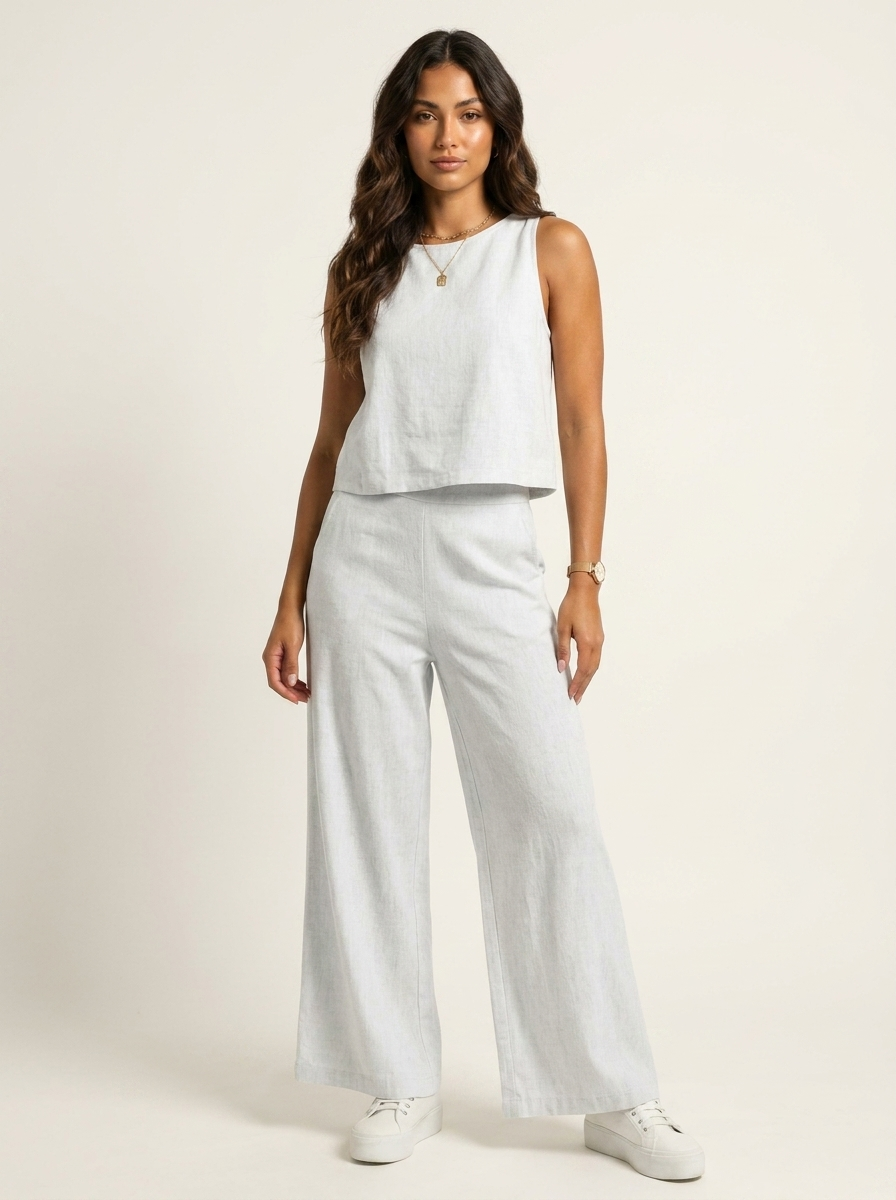 Women's Sleeveless Top and Wide Leg Trousers Set - White