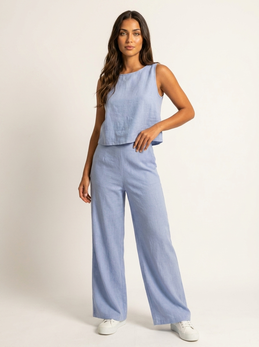 Women's Sleeveless Top and Wide Leg Trousers Set - Blue