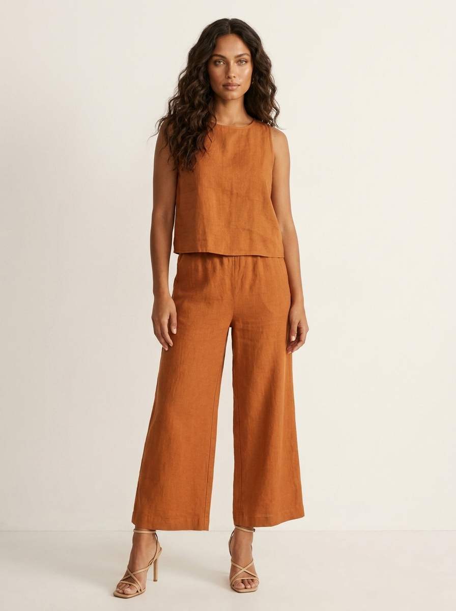 Women's Sleeveless Top and Wide Leg Trousers Set - Khaki