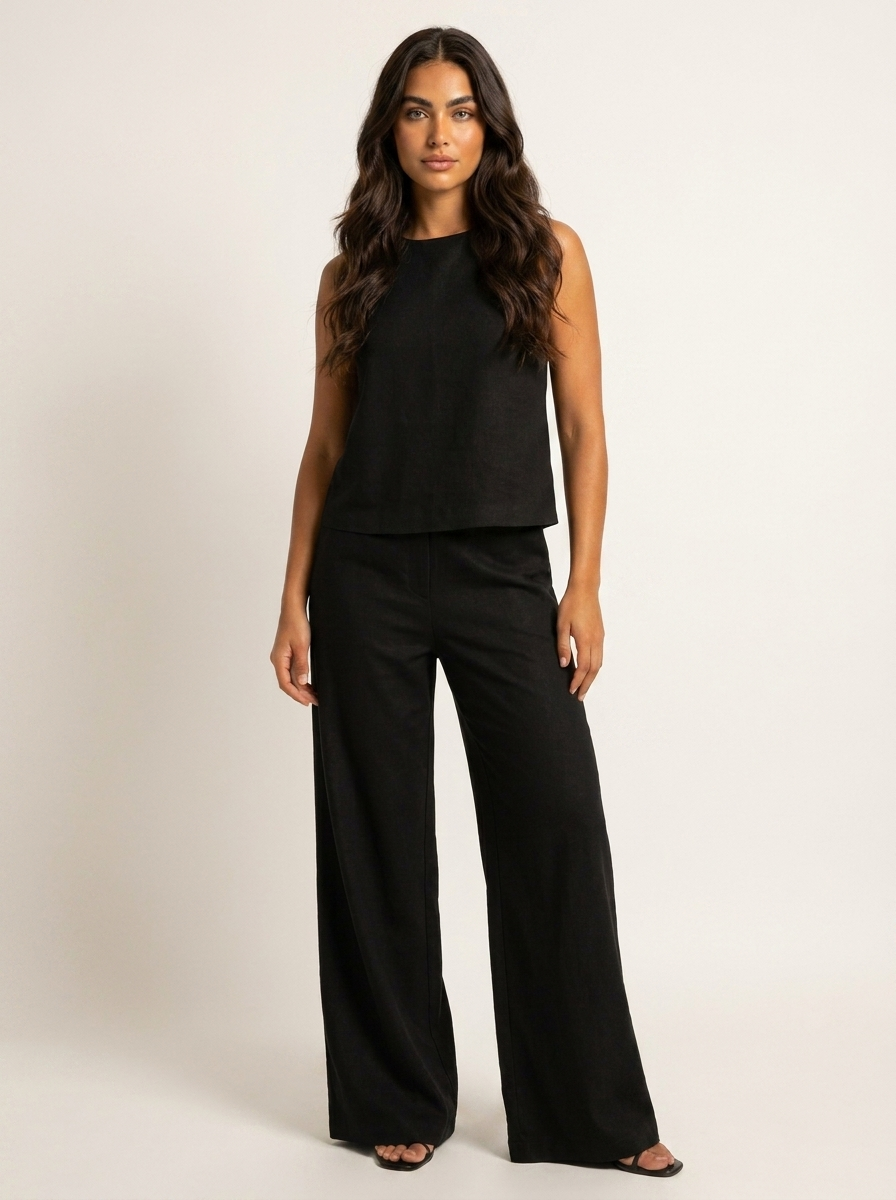 Women's Sleeveless Top and Wide Leg Trousers Set - Black