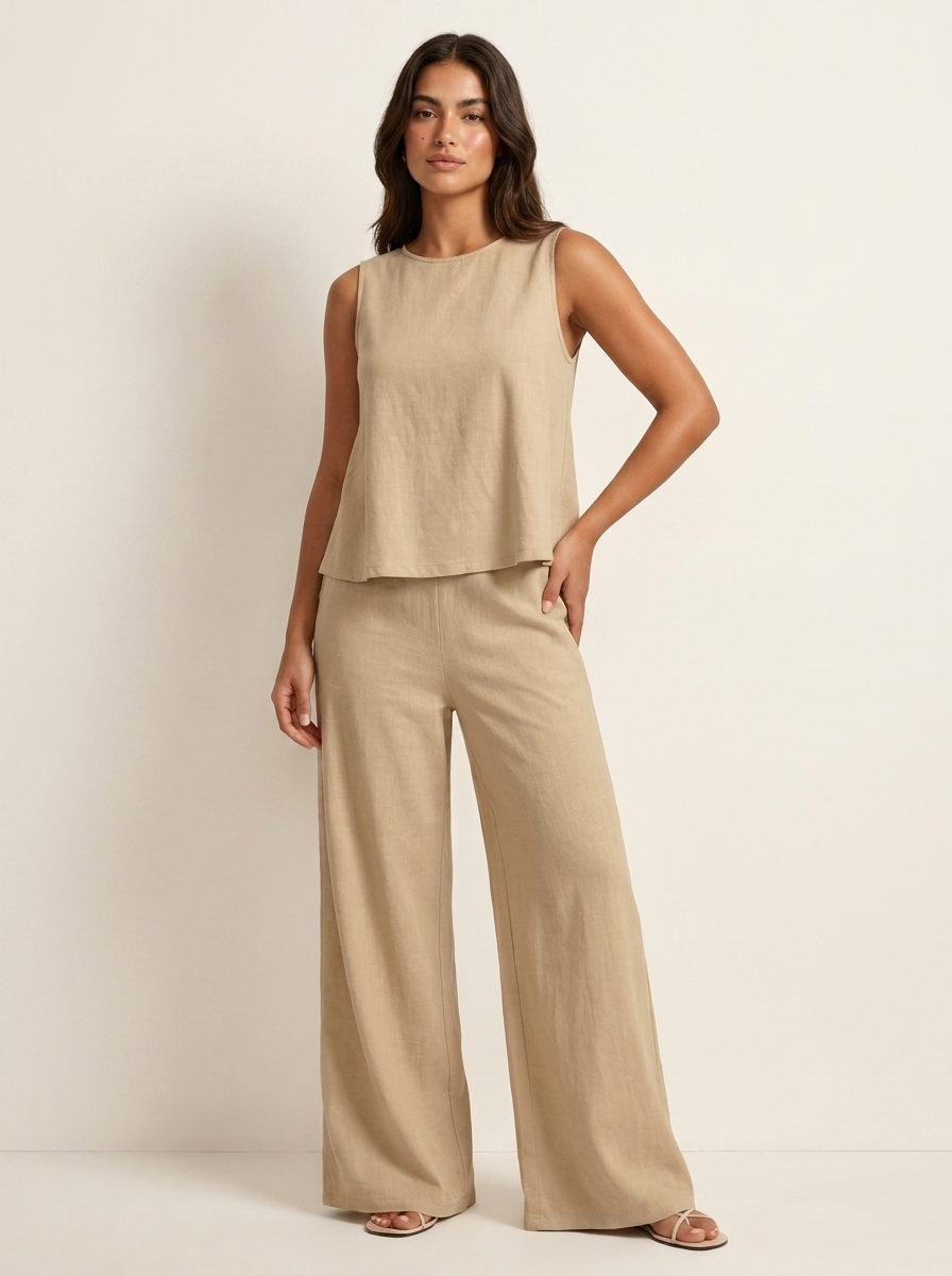 Women's Sleeveless Top and Wide Leg Trousers Set - Beige