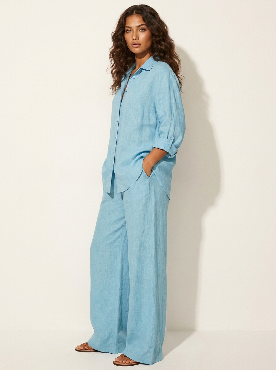 Women's Two-Piece Set Long Sleeve Shirt with Wide-Leg Trousers - 3