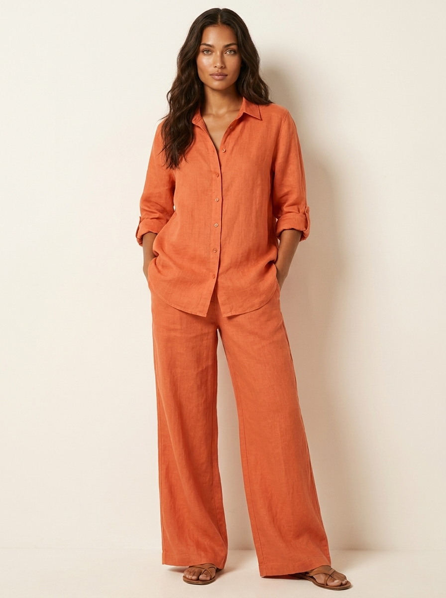 Women's Two-Piece Set Long Sleeve Shirt with Wide-Leg Trousers - Orange