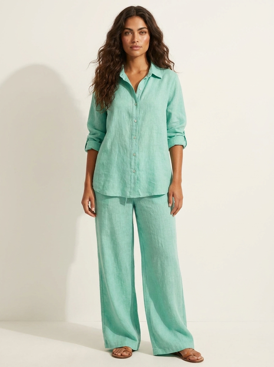 Women's Two-Piece Set Long Sleeve Shirt with Wide-Leg Trousers - Green