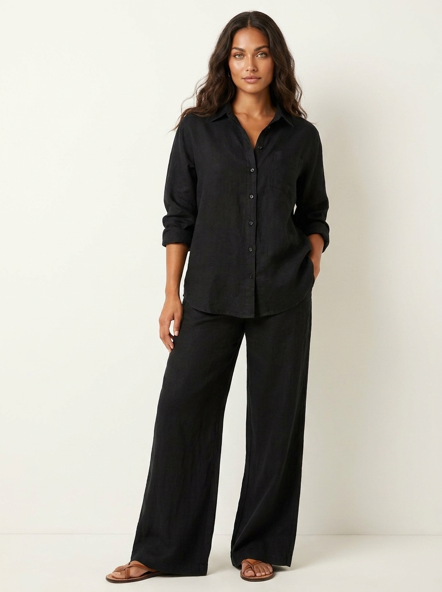 Women's Two-Piece Set Long Sleeve Shirt with Wide-Leg Trousers - Black