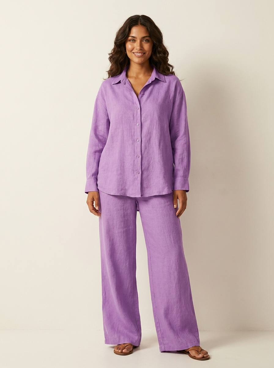 Women's Two-Piece Set Long Sleeve Shirt with Wide-Leg Trousers - Purple