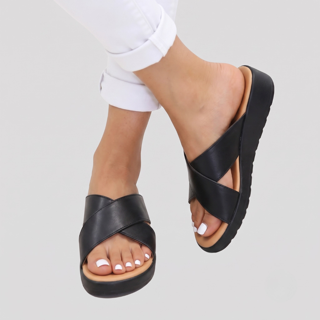 Women's Sandals with Cross-Strap Design and Cushioned Footbed - Black