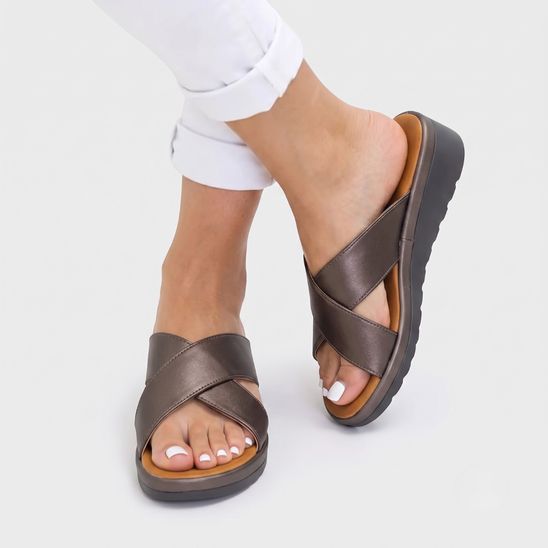 Women's Sandals with Cross-Strap Design and Cushioned Footbed - Bronze