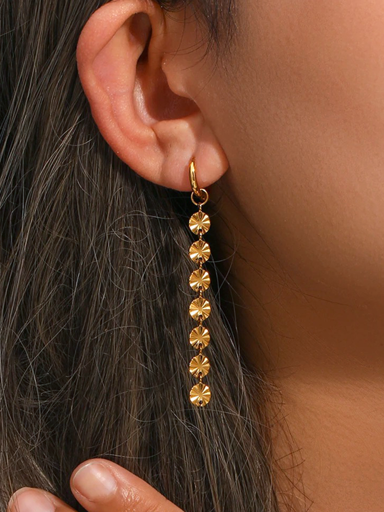 Statement Drop Earrings with Textured Disc Chain - 2