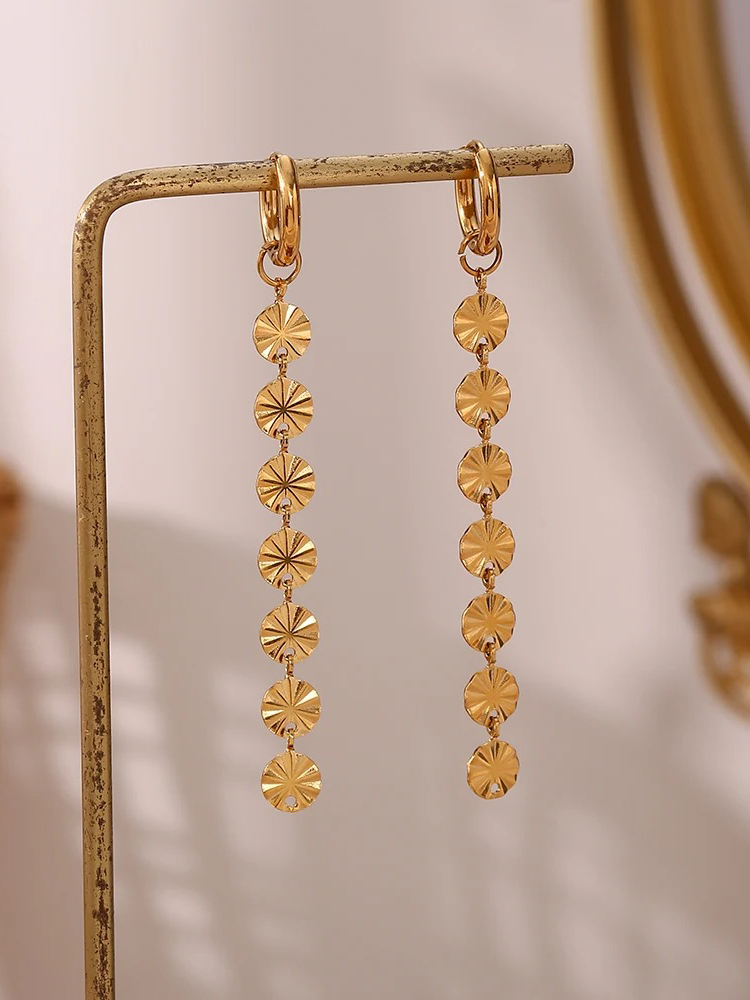 Statement Drop Earrings with Textured Disc Chain - 5
