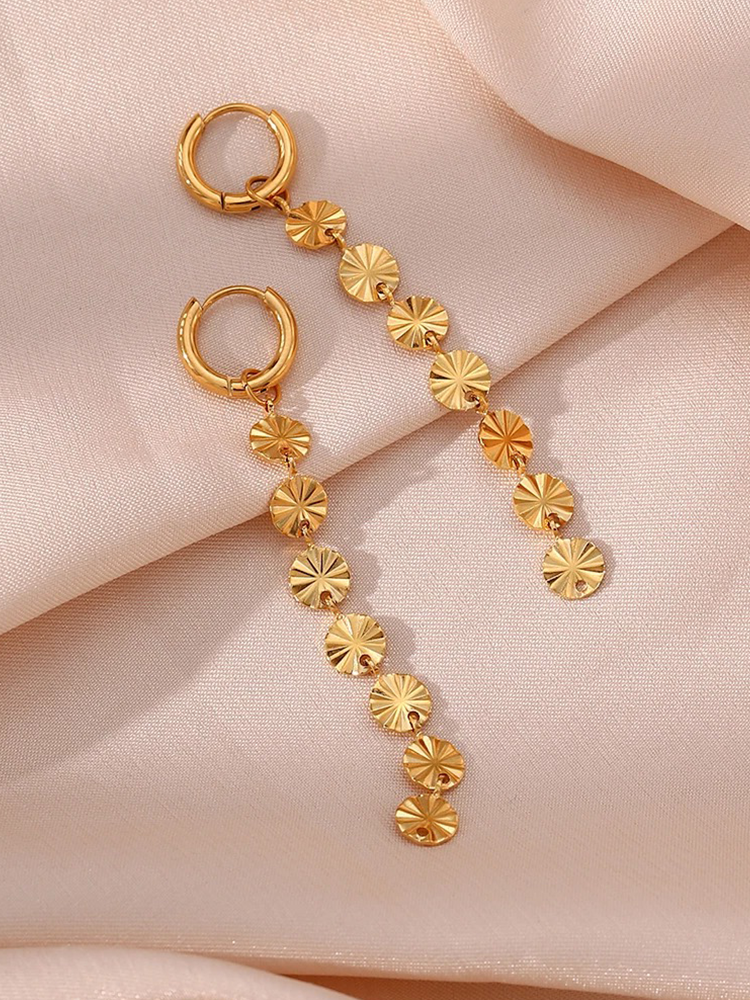 Statement Drop Earrings with Textured Disc Chain - 4