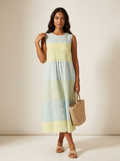 Women's Sleeveless Midi Dress with Round Neck and Tiered Skirt - Multicolor 1