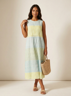 Women's Sleeveless Midi Dress with Round Neck and Tiered Skirt - Multicolor 1