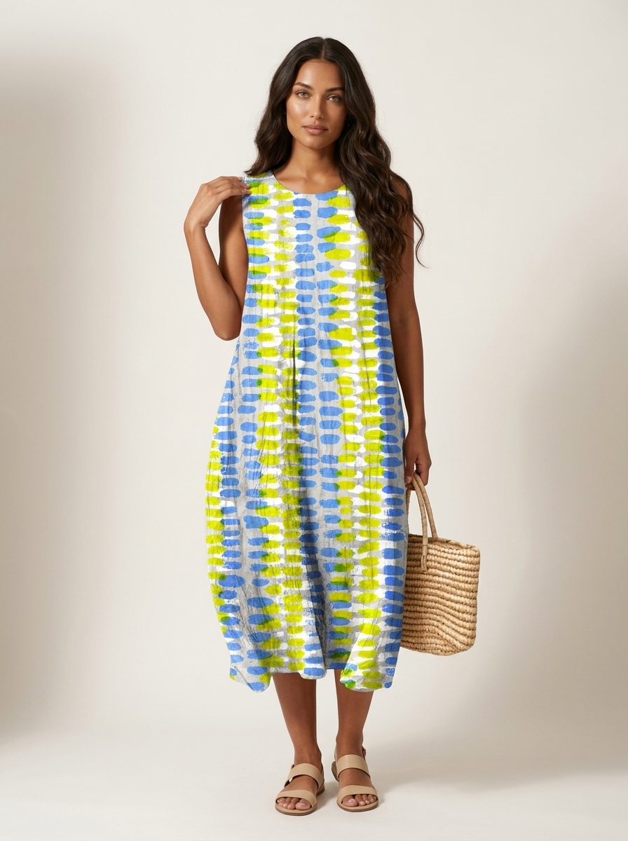 Women's Sleeveless Midi Dress with Round Neck and Tiered Skirt - Multicolor 2