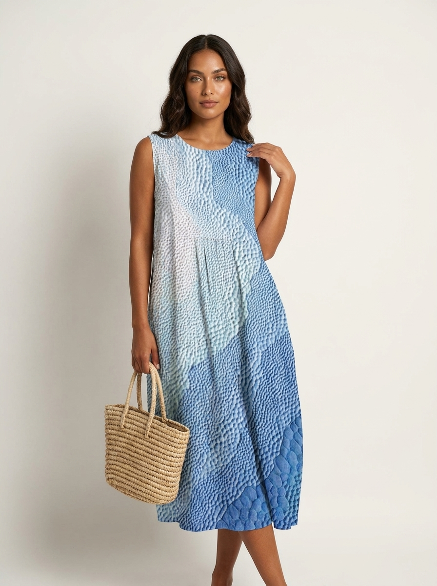 Women's Sleeveless Midi Dress with Round Neck and Tiered Skirt - Blue 1