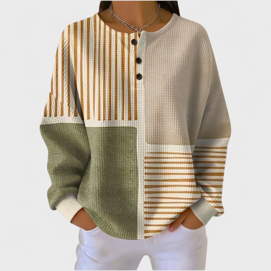 Women's Jumper with Colour Block Print and Button Neckline - Multicolour