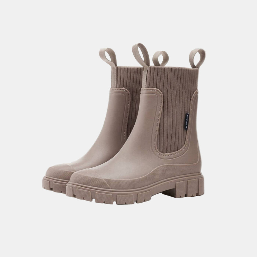 Women's Chelsea Boots with Chunky Sole and Elastic Panel - Beige
