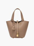 Structured Bucket Bag with Gold-Tone Lock Detail - Taupe
