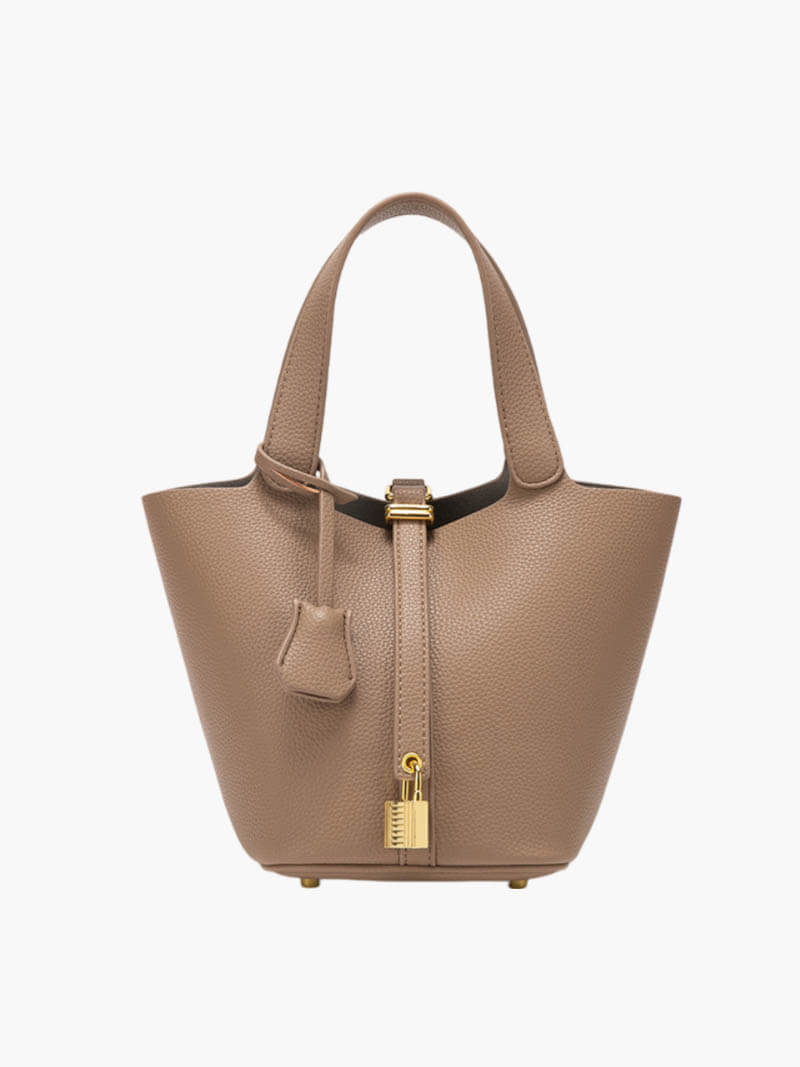 Structured Bucket Bag with Gold-Tone Lock Detail - Taupe