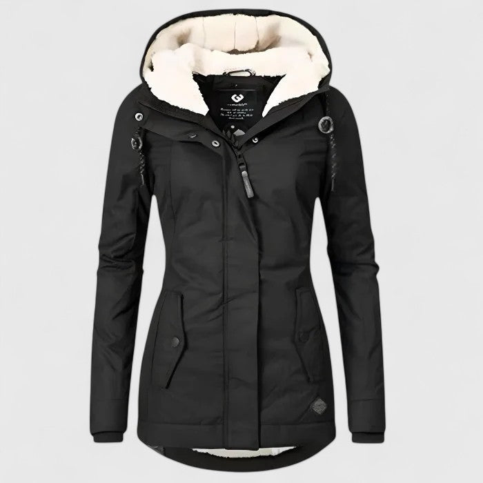 Women's Hooded Coat with Cosy Lining and Long Fit - Black