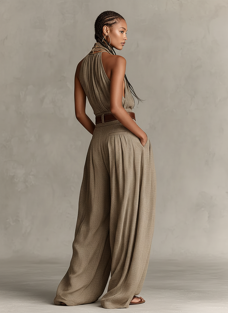 Women's Jumpsuit Sleeveless with Halter Neck and Wide Leg Silhouette - 5