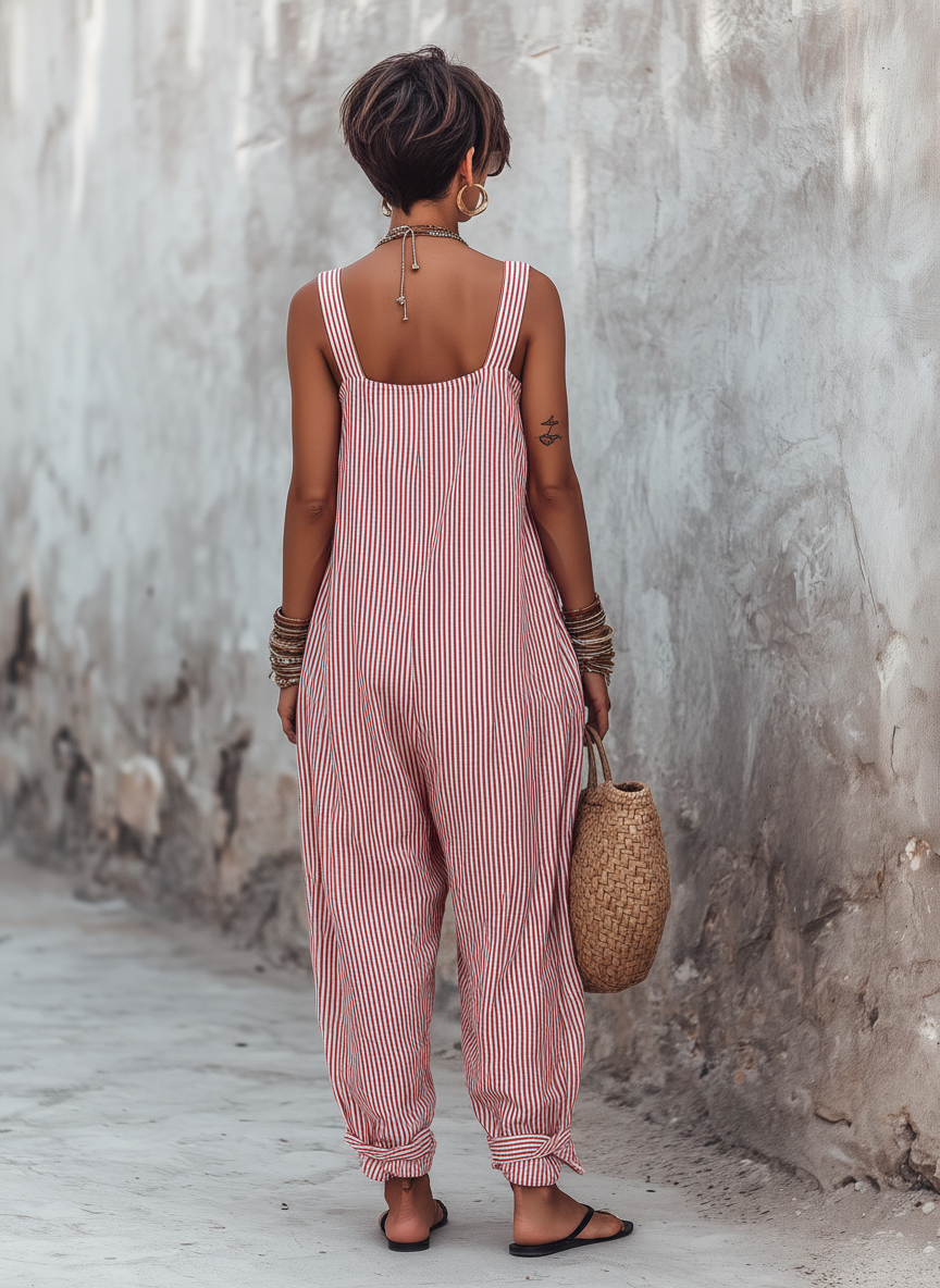 Women's Sleeveless Jumpsuit with Square Neck and Striped Pattern - 2