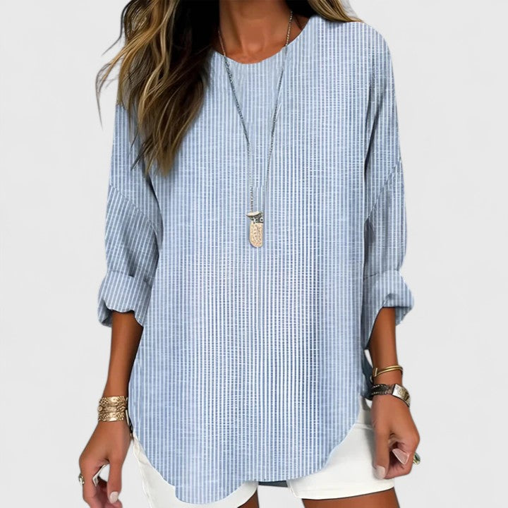 Women's Blouse Long Sleeve with Striped Pattern and Relaxed Fit - Blue