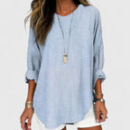 Women's Blouse Long Sleeve with Striped Pattern and Relaxed Fit - Blue