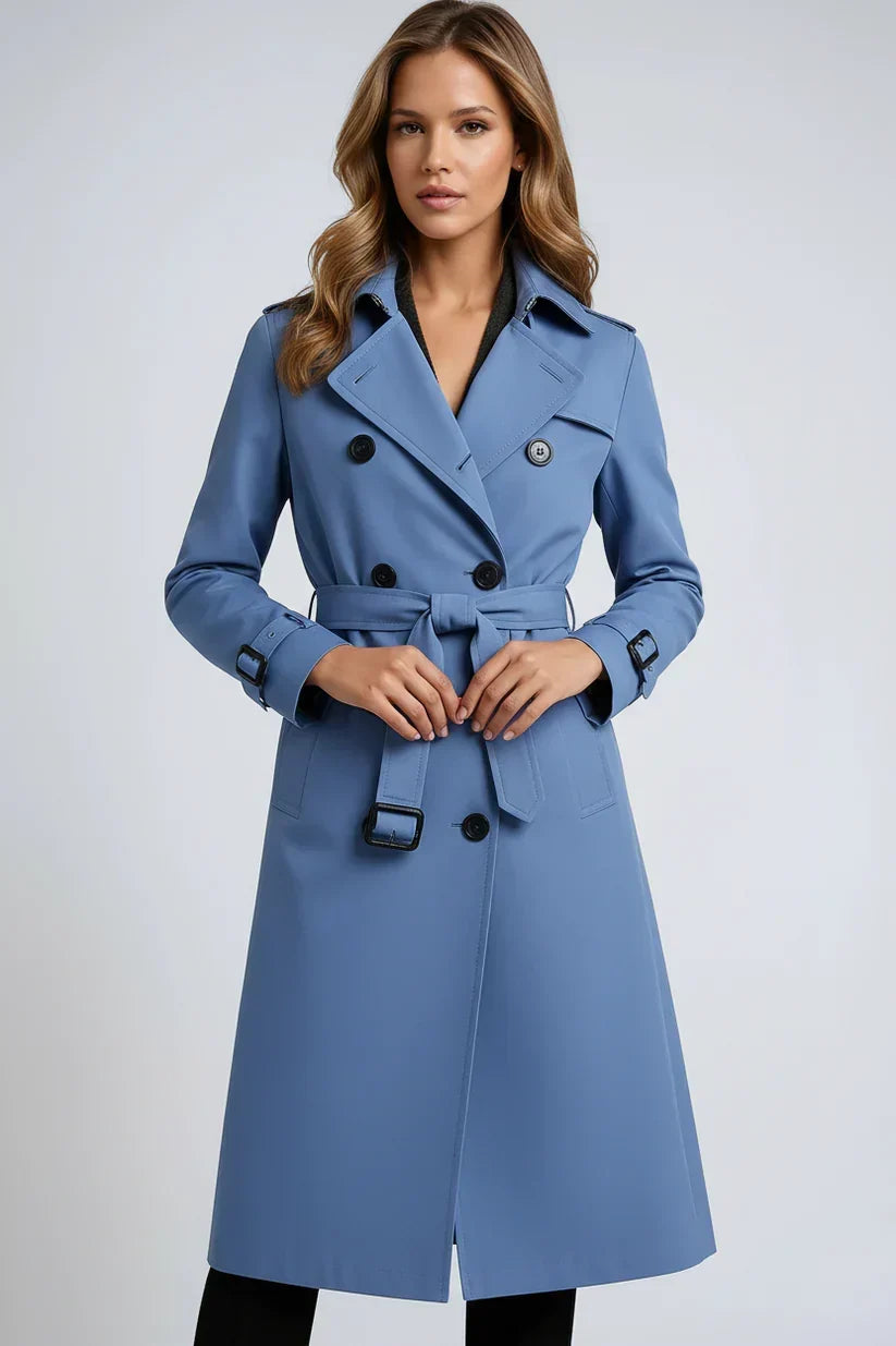 Women's Long Trench Coat with Double Button Fastening and Classic Collar - Blue