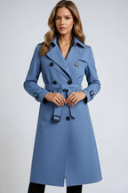 Women's Long Trench Coat with Double Button Fastening and Classic Collar - Blue