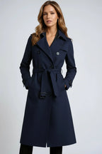 Women's Long Trench Coat with Double Button Fastening and Classic Collar - Navy Blue