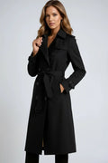 Women's Long Trench Coat with Double Button Fastening and Classic Collar - Black