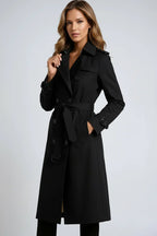 Women's Long Trench Coat with Double Button Fastening and Classic Collar - Black