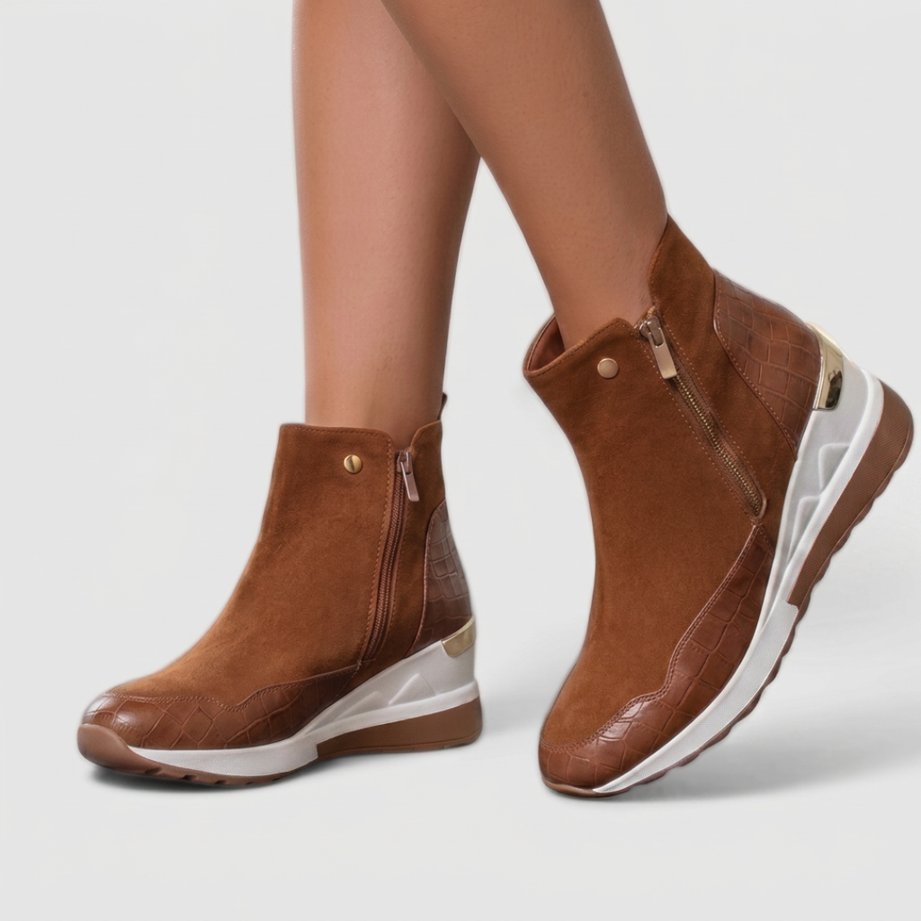 Women's Wedge Boots with Zip Closure and Textured Panels - 3