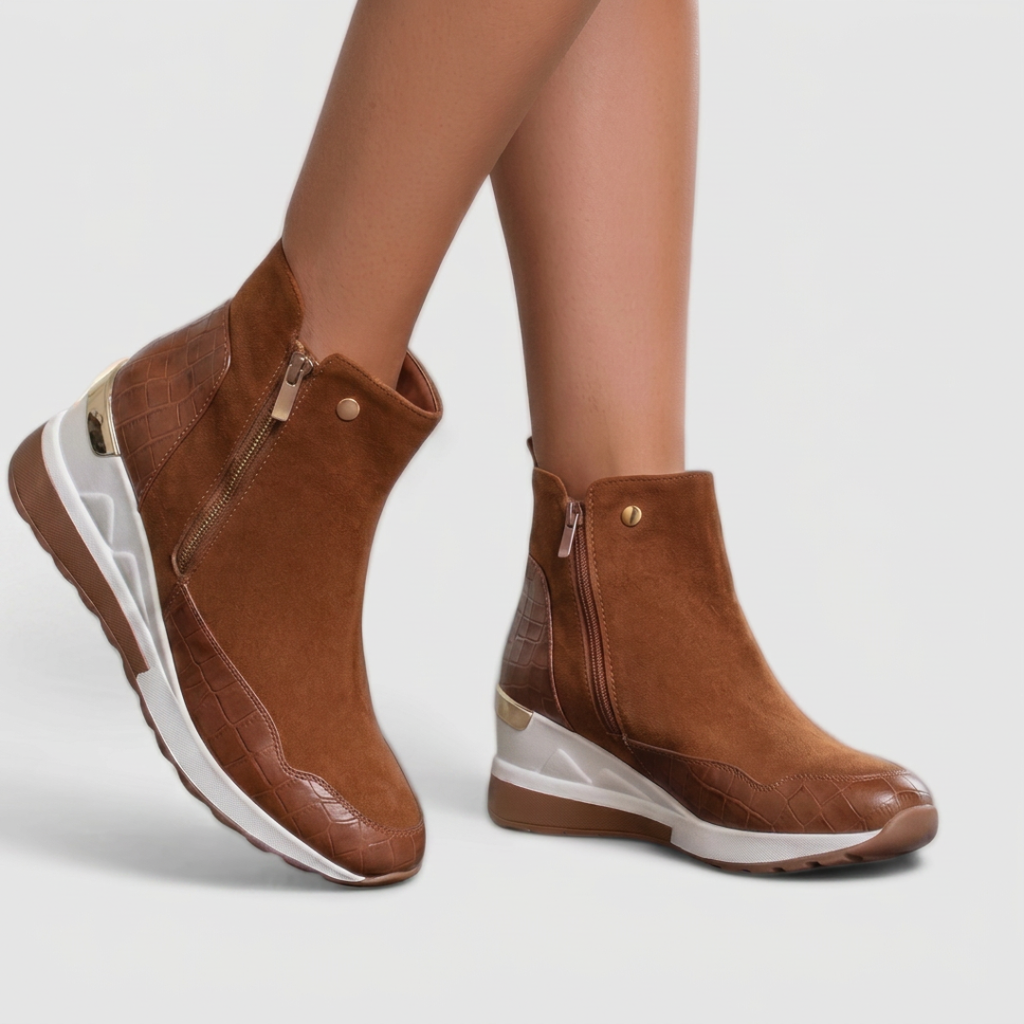Women's Wedge Boots with Zip Closure and Textured Panels - 4