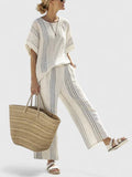 Women's Two-Piece Set with Striped Trim and Wide Sleeves - Blue Stripe