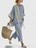 Women's Two-Piece Set with Striped Trim and Wide Sleeves - Blue